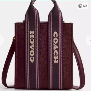 COACH Burgundy Leather Crossbody with Pink-Striped Web Strap